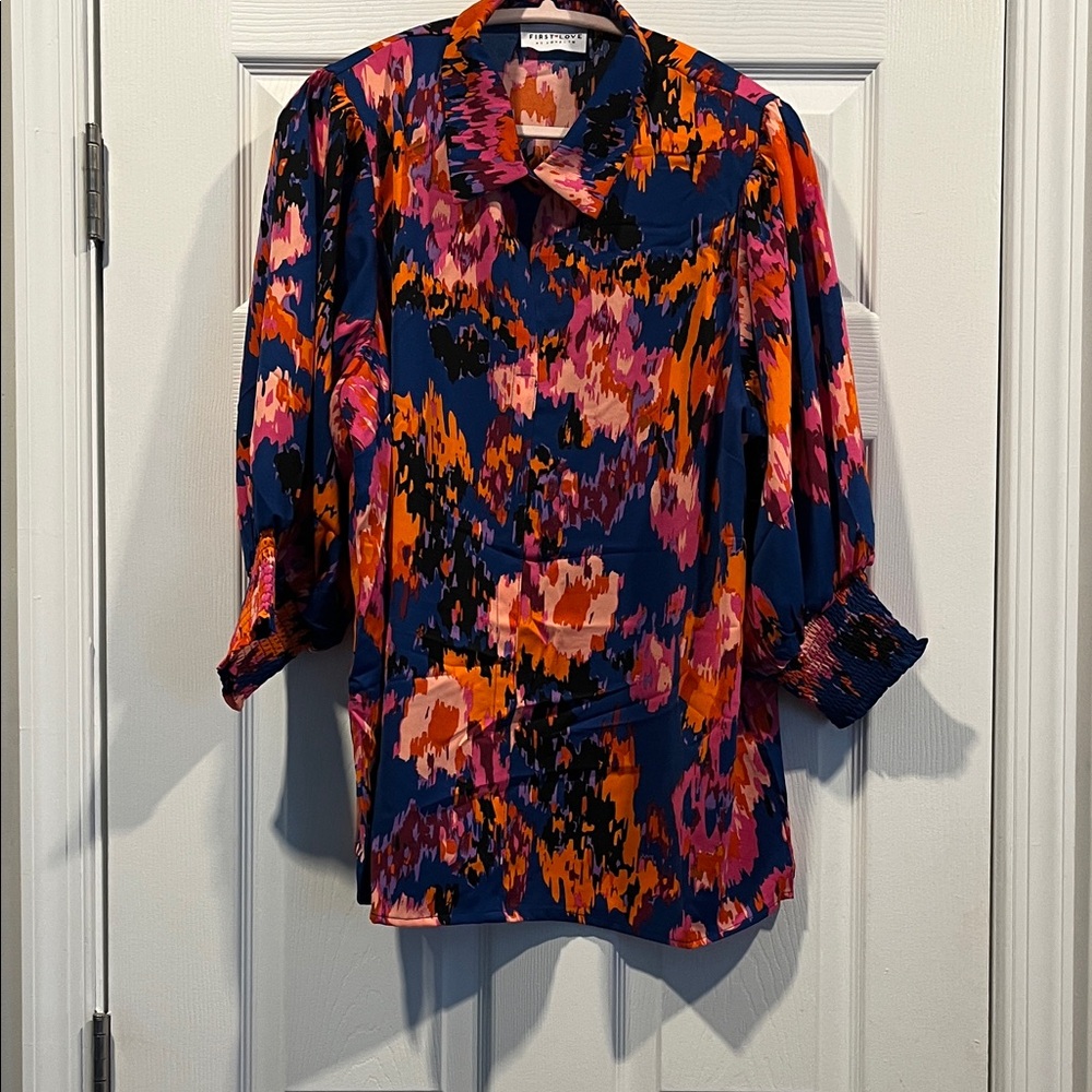 First Love Abstract Print Blouse -‎ Navy, Orange, Pink Business Casual Feminine